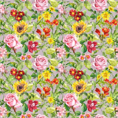 Çayır çiçekler, yaz otlar. Sorunsuz çiçek desenli. Suluboya