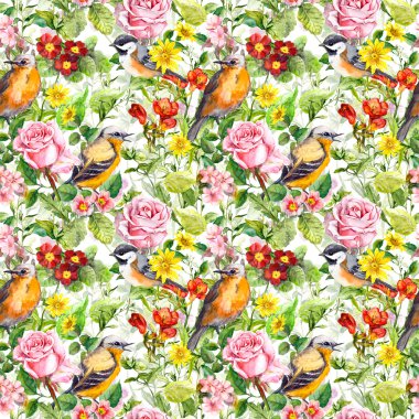 Flowers, meadow grass, birds. Seamless floral wallpaper for interior design. Watercolor