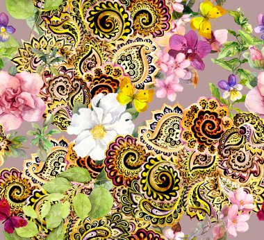 Flowers, butterflies and gorgeous indian ornament. Contemporary floral background for fashion. Walatercolor seamless pattern