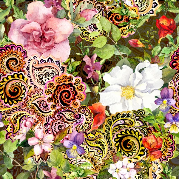 Seamless vintage floral background with flowers and decorative eastern ornament. Watercolor — 스톡 사진