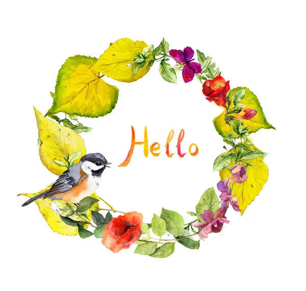 Bright autumn wreath with text Hello. Flowers, cute bird and yellow leaves. Floral watercolor border — Stok fotoğraf