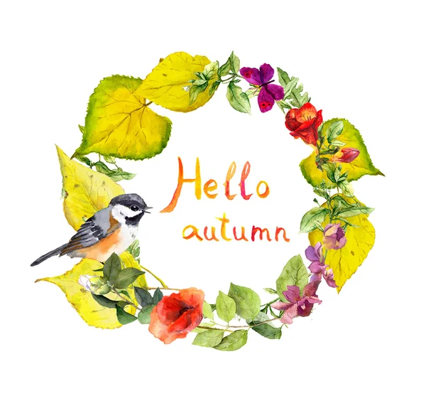 Bright autumn wreath with cute bird and text Hello autumn. Flowers and yellow leaves. Vintage floral watercolor border — Stockfoto