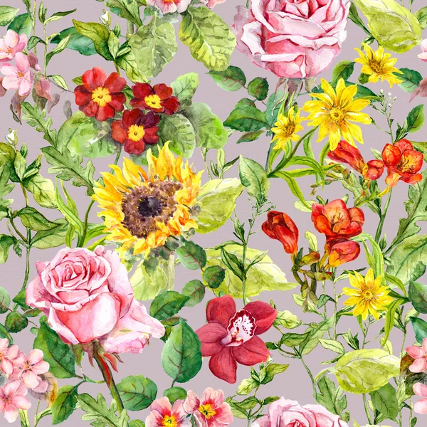 Ängen blommor, sommar örter. Upprepande vintage blommig bakgrund. Akvarell — Stockfoto