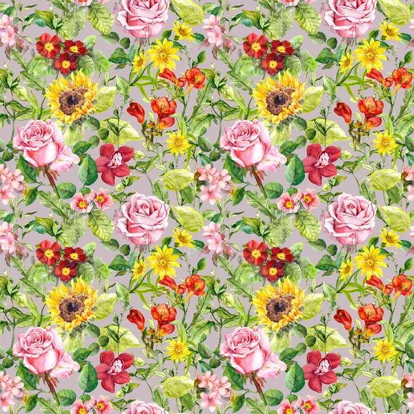 Wiesenblumen, Sommerkräuter. nahtloses Blumenmuster. Aquarell — Stockfoto
