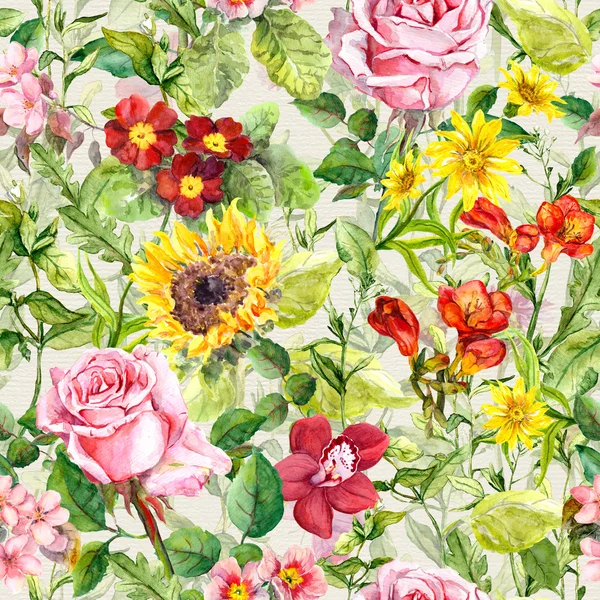 Meadow flowers, field herbs. Vintage seamless floral pattern. Watercolor — Stock Photo, Image