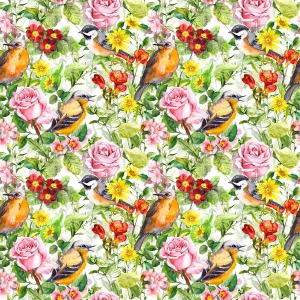 Flores, prados, pájaros. Fondo de pantalla floral sin costuras para el diseño de interiores. Acuarela — Foto de Stock