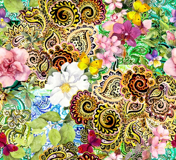 Flowers, butterflies and golden arabic ornament. Floral ornamental background for fashion design. Watercolor seamless pattern — Stockfoto