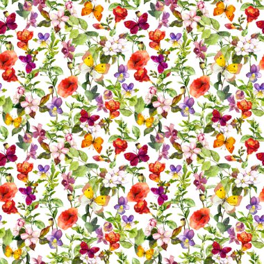 Yaz çayır çiçekler ve kelebekler. Çiçek desenli yinelenen davranışıydı. Suluboya