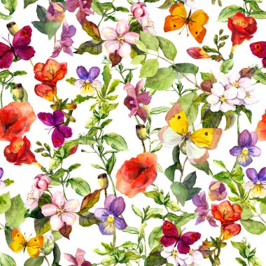 Meadow flowers, wild herbs and butterflies. Repeating floral pattern for fashion design. Vintage watercolor