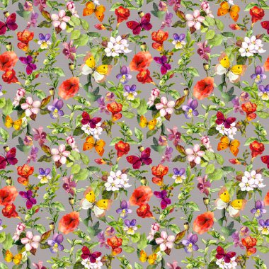 Yaz çayır çiçekler ve kelebekler. Çiçek desenli yinelenen davranışıydı. Suluboya