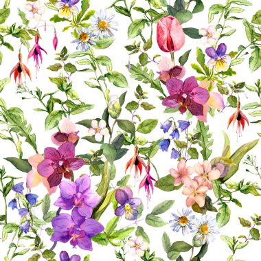 Meadow flowers and wild herbs. Seamless floral wallpaper. Watercolor for fashion design