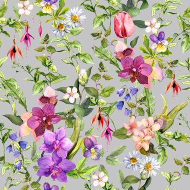 Ditsy flowers and wild herbs - summer garden. Vintage seamless floral and herbal pattern. Watercolor