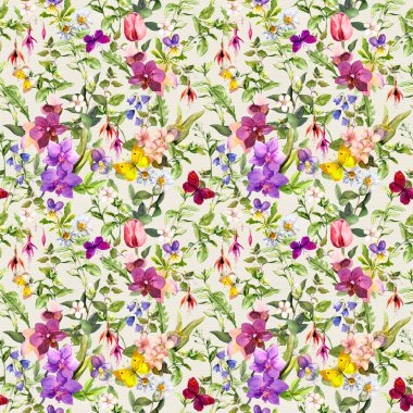 Sorunsuz duvar kağıdı - çiçekler ve kelebekler. Çayır çiçek desenli iç tasarım için. Suluboya