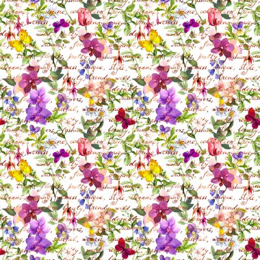 Meadow flowers and butterflies with hand written words. Repeated floral background. Watercolor