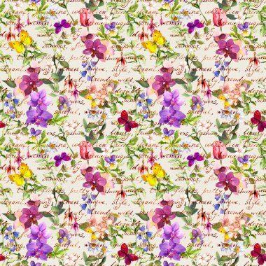 Meadow flowers and butterflies with handwritten letter. Repeated floral background. Watercolor