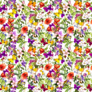 Flowers and butterflies. Seamless floral background. Watercolor