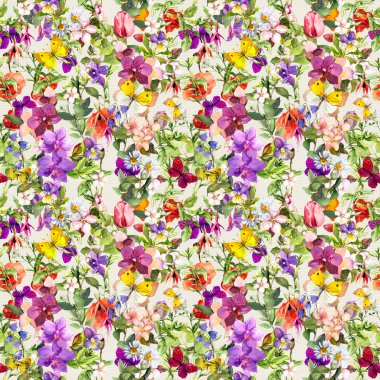 Flowers and butterflies. Vintage seamless floral background. Watercolor