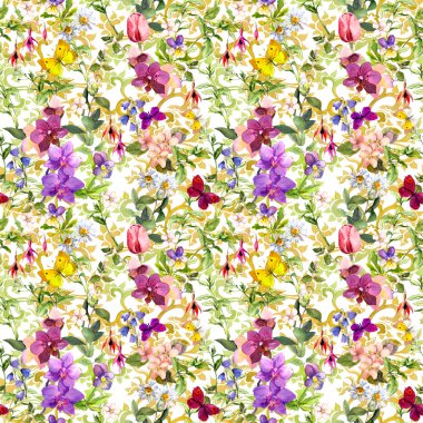 Flowers in meadow and butterflies with lace ornament. Seamless floral pattern. Watercolor