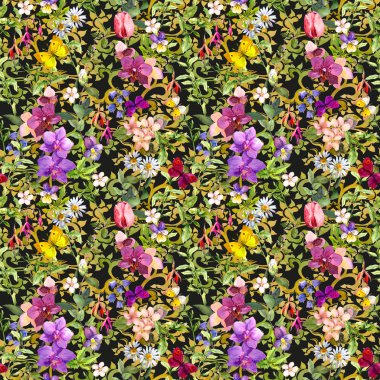 Flowers in meadow and butterflies with ethnic ornament. Seamless floral background. Watercolor