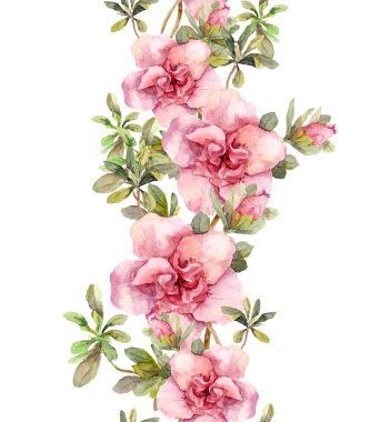 Floral seamless watercolor frame border with pink flowers. Aquare clipart