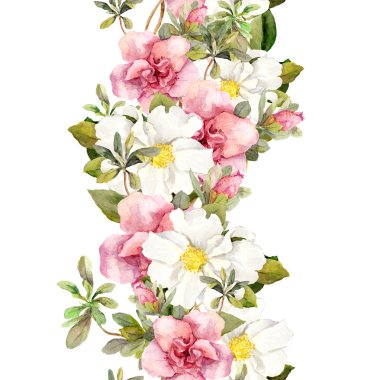 Çiçeksiz suluboya çerçeve sınırı pembe ve beyaz çiçeklerle. Aquarel