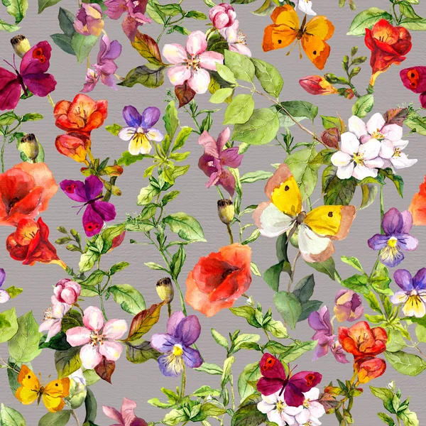 Summer meadow flowers and butterflies. Decorative repeating floral pattern. Watercolor — Stockfoto