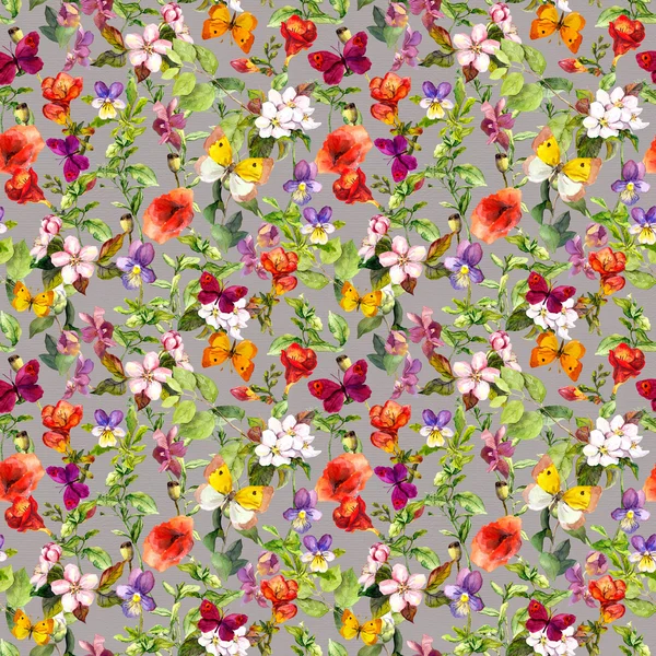 Summer meadow flowers and butterflies. Ditsy repeating floral pattern. Watercolor — Stock Photo, Image