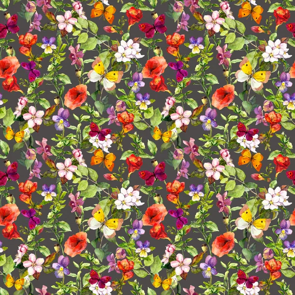 Summer meadow flowers and butterflies. Vintage decorative repeating floral pattern. Watercolor — ストック写真