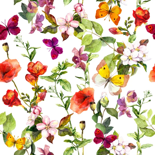 Summer meadow flowers and butterflies. Ditsy repeating floral pattern. Watercolor — Stock Photo, Image