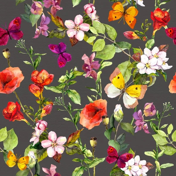 Sommar äng blommor och fjärilar. Ditsy repeterande blommönster. Akvarell — Stockfoto
