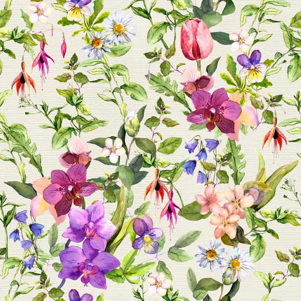 Nahtlose Tapete - Blumen. Wiese Blumenmuster für die Inneneinrichtung. Aquarell — Stockfoto