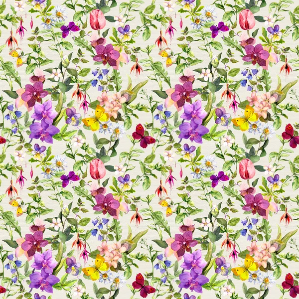 Seamless wallpaper - flowers and butterflies. Meadow floral pattern for interior design. Watercolor
