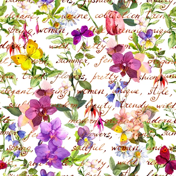 Meadow flowers and butterflies with vintage hand written text notes. Seamless floral background. Watercolor — 스톡 사진