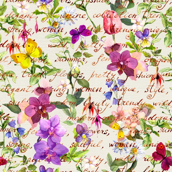Meadow flowers and butterflies with hand written text. Repeated floral background. Watercolor — Stock Fotó
