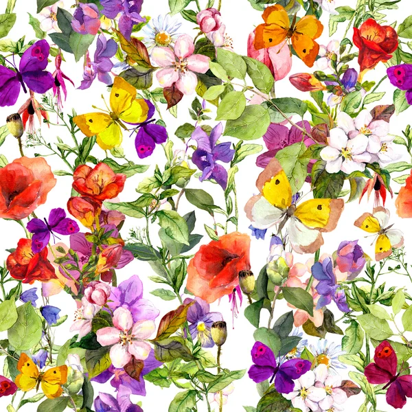 Fleurs et papillons. Motif floral répété pour le design de mode. Aquarelle — Photo