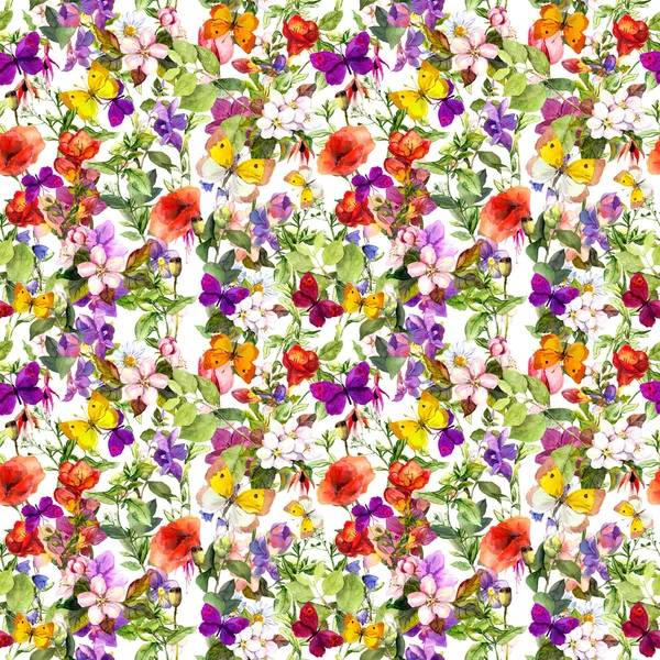 Flores y mariposas. Fondo floral sin costuras. Acuarela — Foto de Stock