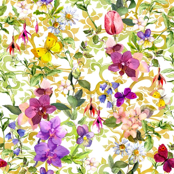 Floral seamless wallpaper. Flowers in meadow and butterflies with vintage oriental ornament. Watercolor for interior design