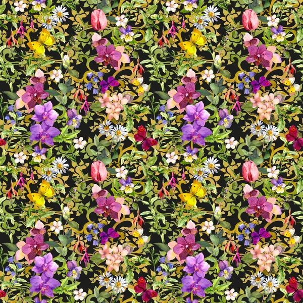 Квіти на лузі і метелики з етнічним орнаментом. Безшовний квітковий фон. Акварель — стокове фото