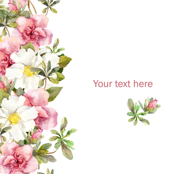 Cartão de saudação com borda floral - flores rosa e brancas. Aquarel — Fotografia de Stock