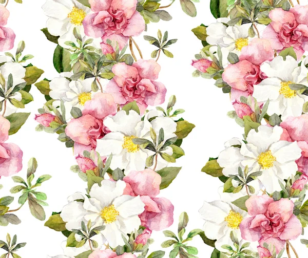원활한 수채화 분홍색과 흰색 꽃과 꽃 패턴입니다. Aquarel 배경 — 스톡 사진