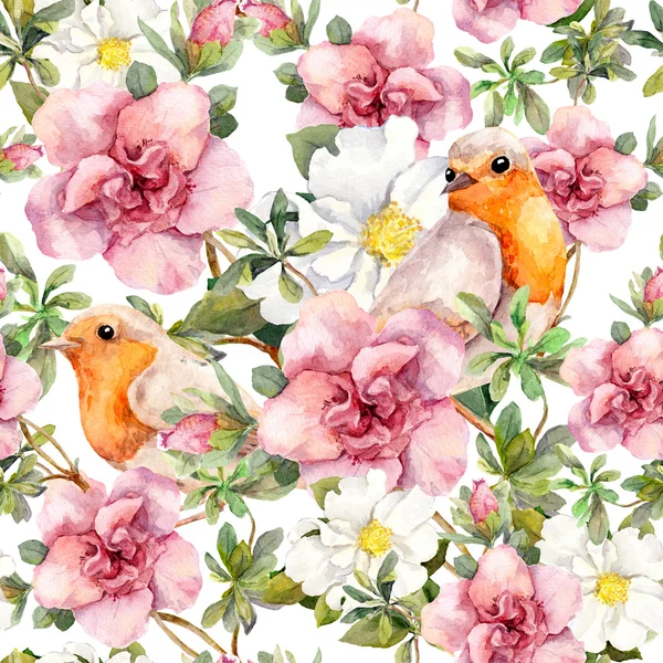 Aquarel vogels en aquarel bloemen. Naadloze bloemmotief. — Stockfoto