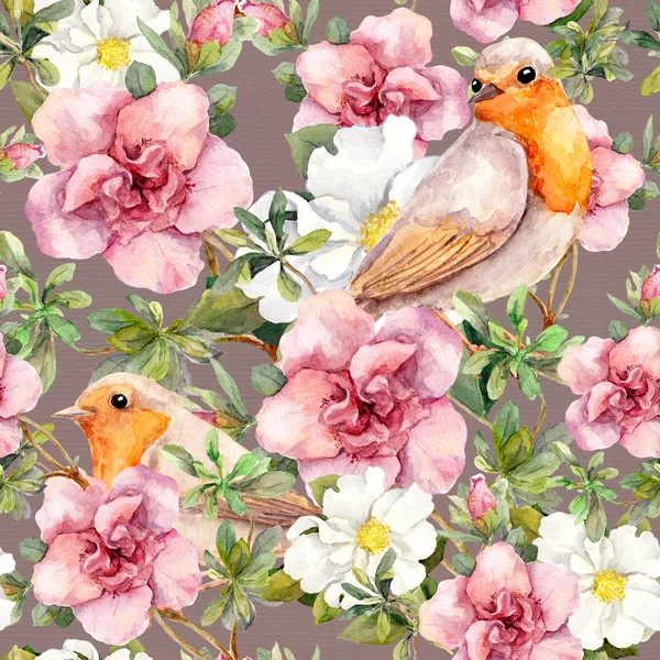 Ακουαρέλα vintage πουλιά και λουλούδια ρετρό. Άνευ ραφής λουλουδάτο μοτίβο. — Φωτογραφία Αρχείου