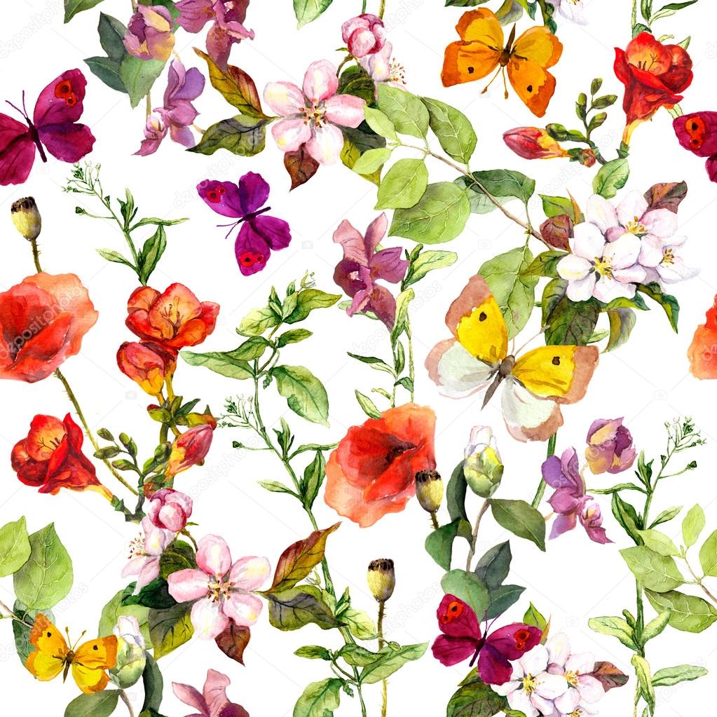 Summer meadow flowers and butterflies. Ditsy repeating floral pattern. Watercolor