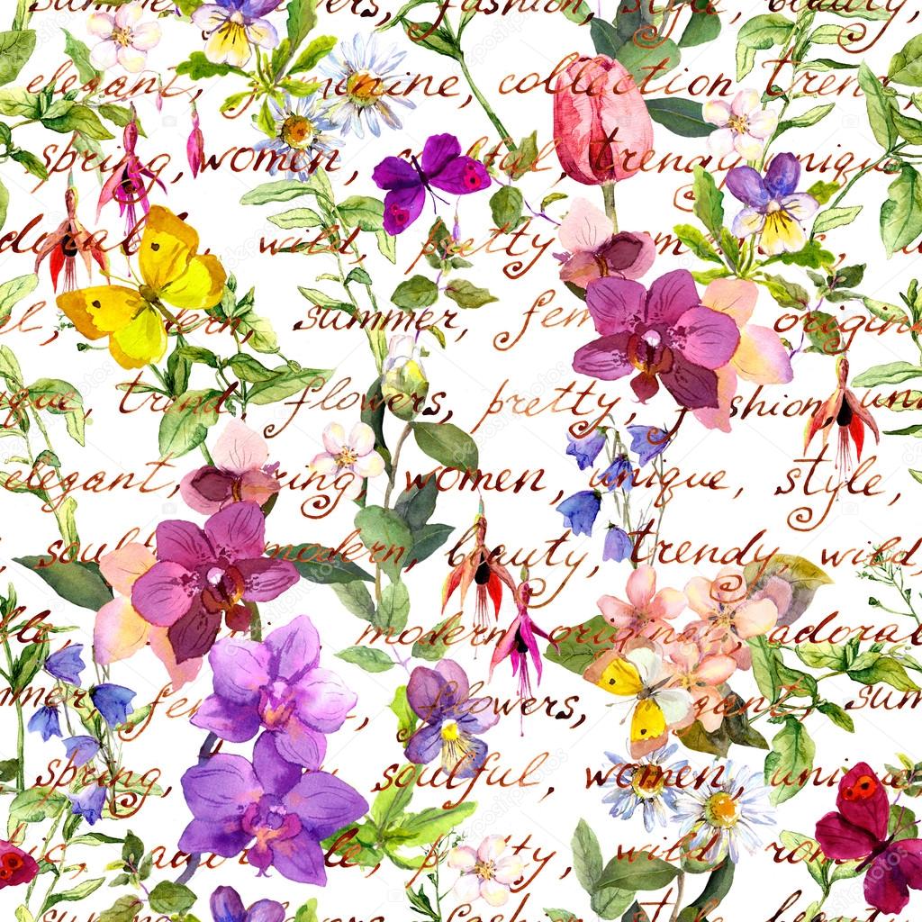 Meadow flowers and butterflies with vintage hand written text notes. Seamless floral background. Watercolor