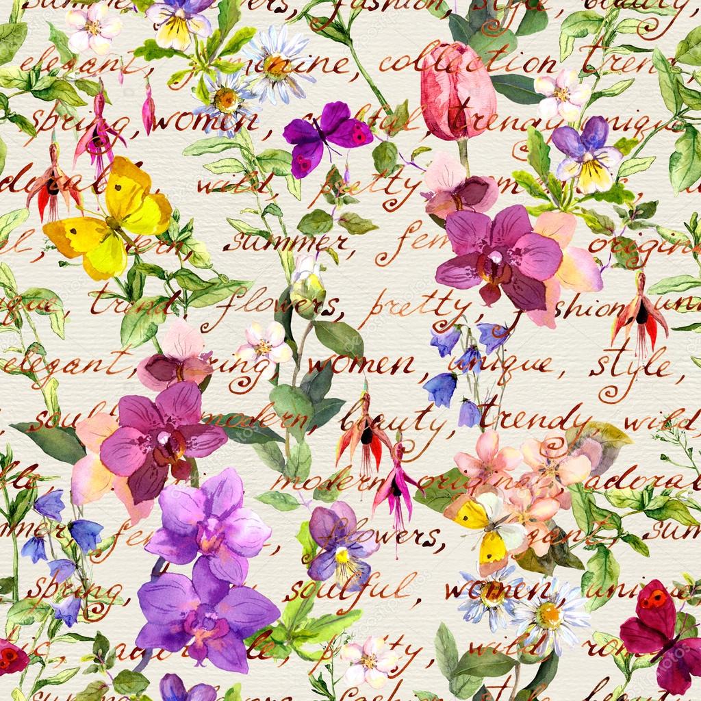 Meadow flowers and butterflies with hand written text. Repeated floral background. Watercolor