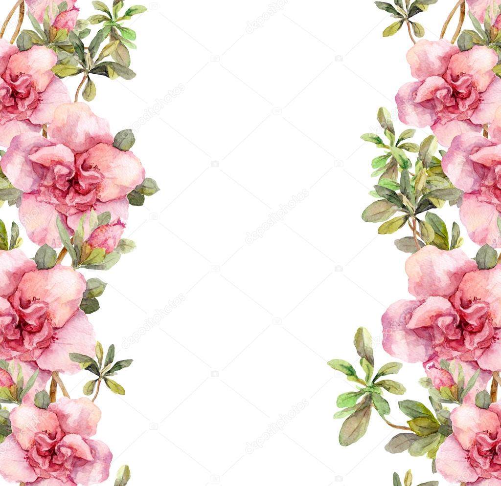 Floral seamless watercolor frame border with pink flowers. Aquarel