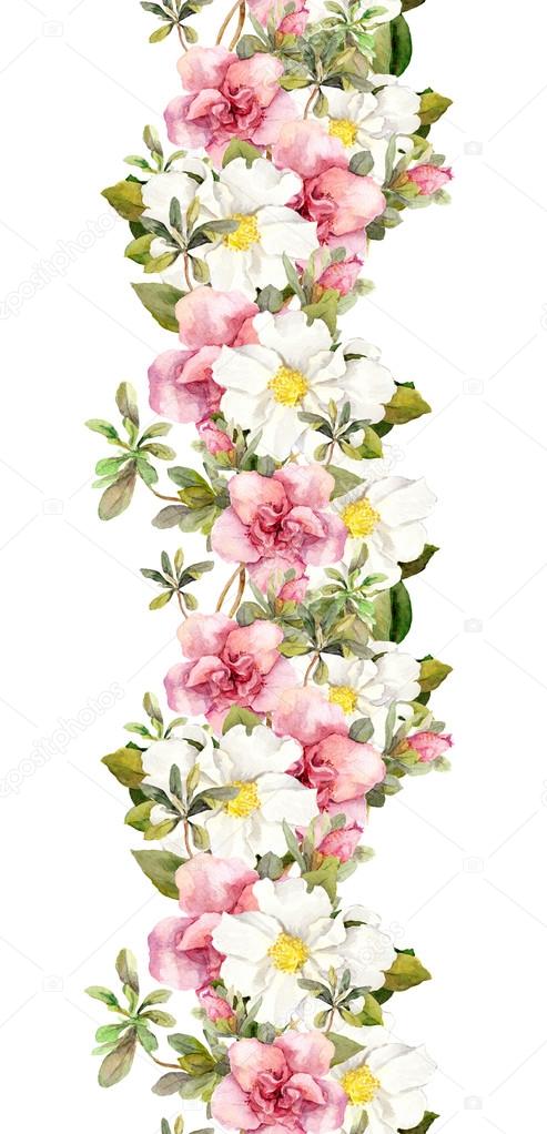 Floral seamless watercolor frame border with pink and white flowers. Aquarel