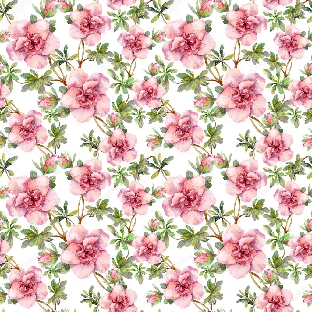 Pink flowers. Seamless repeated floral swatch. Aquarelle picture on white background