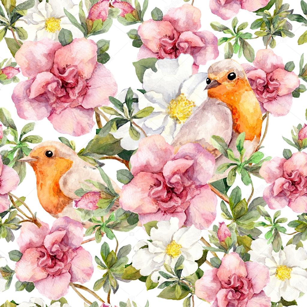 Watercolor birds and watercolour flowers. Seamless floral pattern.