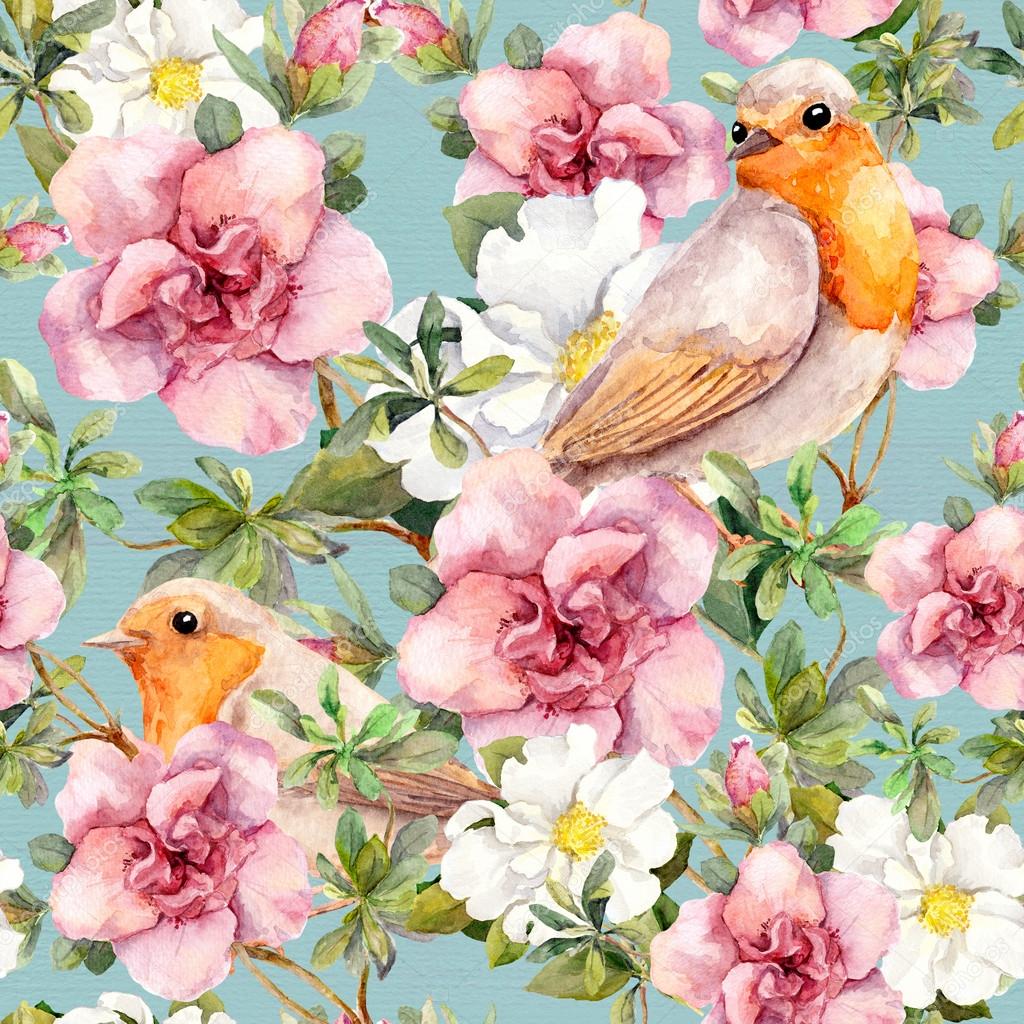 Watercolor birds and flowers . Seamless floral pattern.